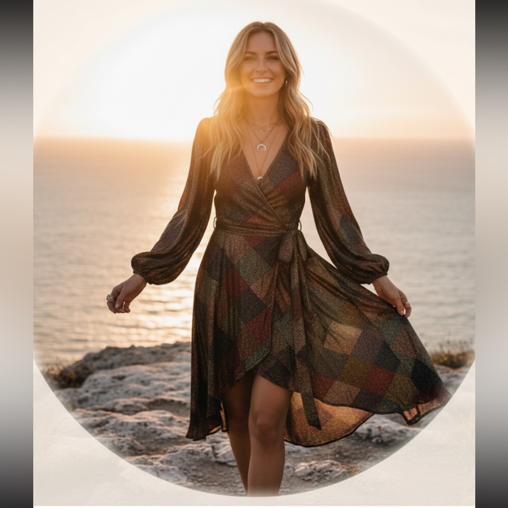 Rare Anthropologie Traffic People Metallic Plaid Wrap Dress XL Puff Sleeve